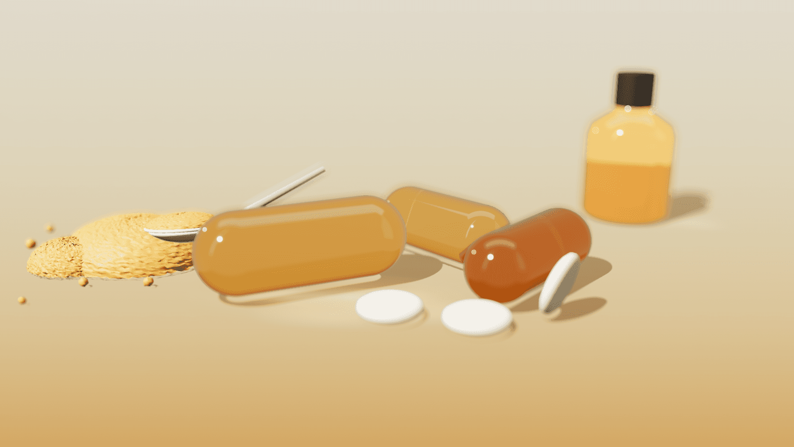 Finished ingredient formats — a mound of standardized powder with a stainless scoop, amber softgel capsules, compressed tablets and a dropper bottle.